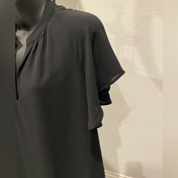 Gap Black flutter sleeve sheath dress, sheer w/liner, sz Small split v-neck neck - Picture 6 of 9